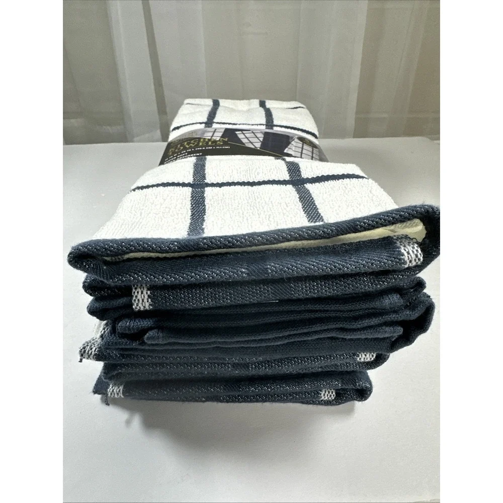 Thyme/Table Kitchen Towels Set 5 pcs Navy/White Super Soft Ultra Absorbent New
